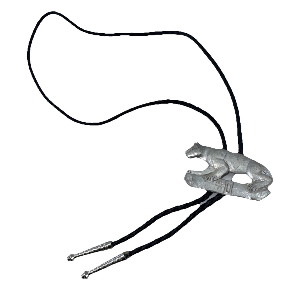 Vintage Cougar Panther Bolo Tie Western Cowboy Braided Leather Native Ameri Cord